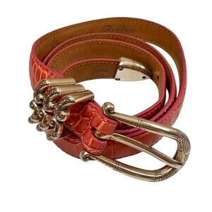BRIGHTON Women's Belt Pink Croco Embossed Leather Keeper Loop Silver Buckle L 34